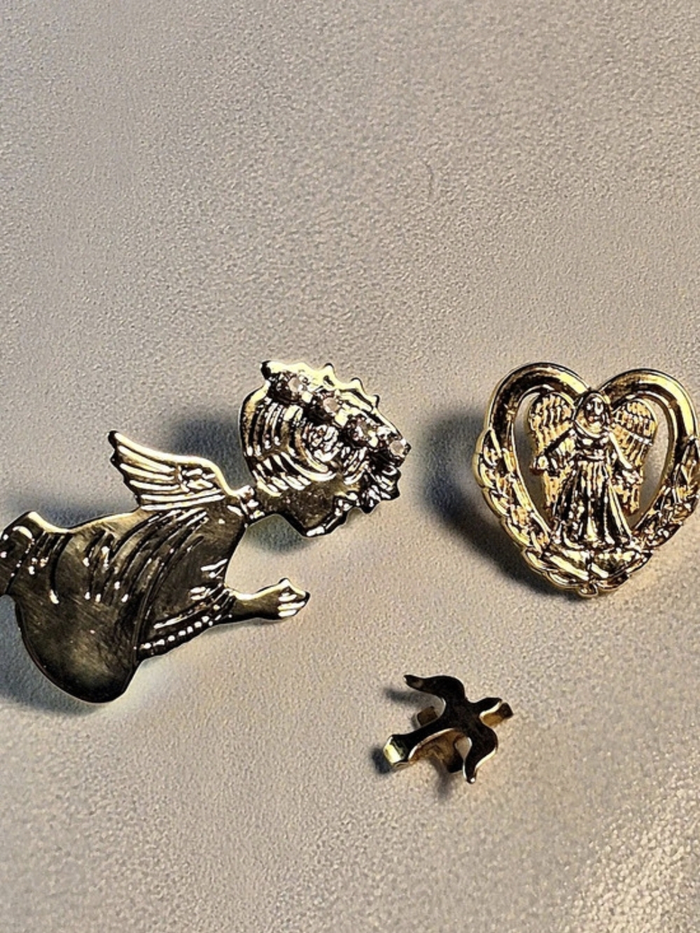 Vintage Gold Tone Angel Pin Brooch Lot (3pc) - Lady Elgin & Rhinestone Halo
